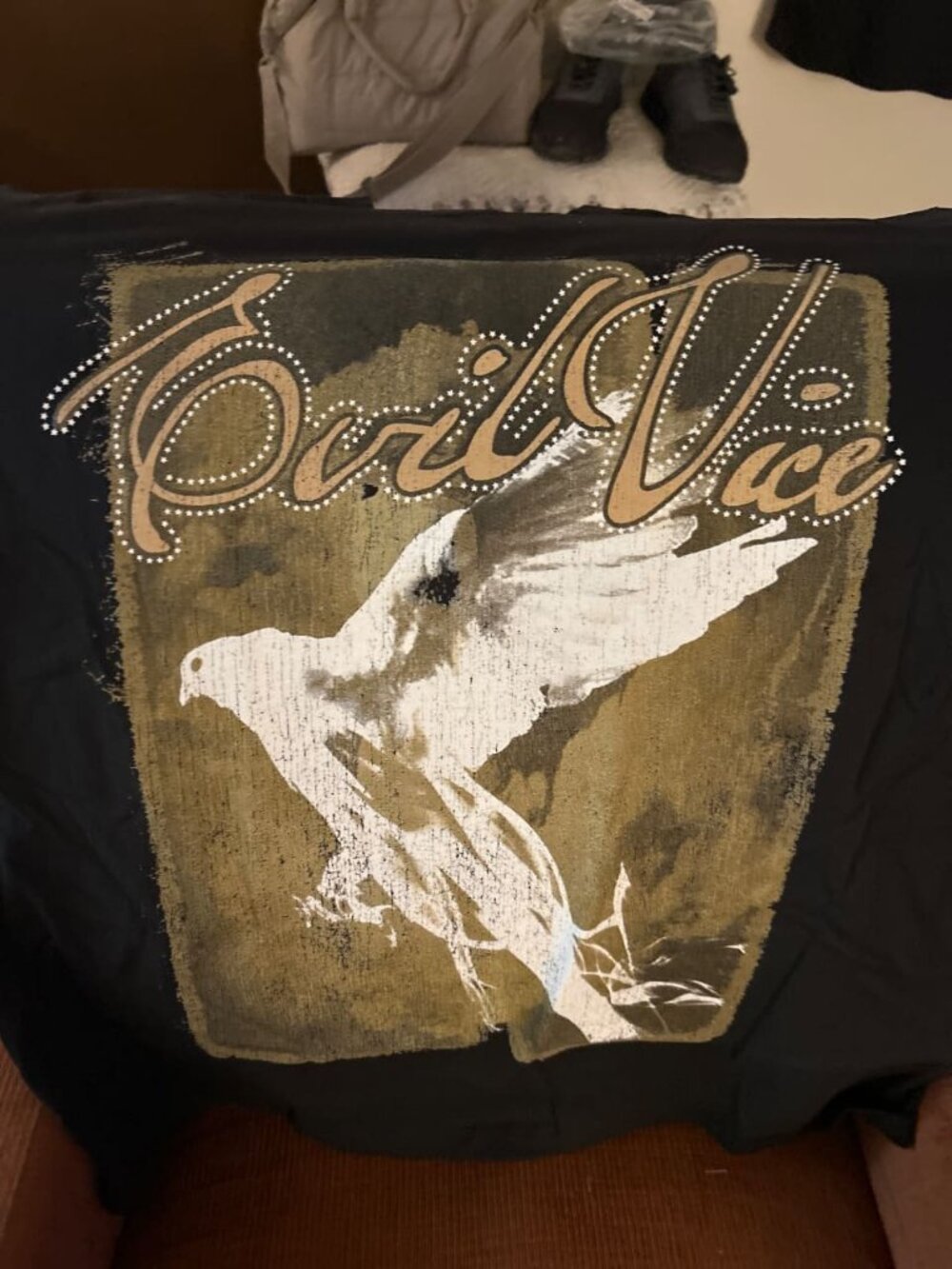 Evil Vice Dove Tee Black/Gold/White (Rhinestone Dove) Size 2X Brand New